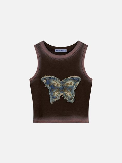 Aelfric Eden Fringe Denim Butterfly Tank Top Y2k Butterfly Outfit, Sky Costume, Baggy Crop Top, Mcbling Aesthetic, Denim Butterfly, Retro Vest, Butterfly Patch, Fresh Clothes, 90s Y2k Fashion