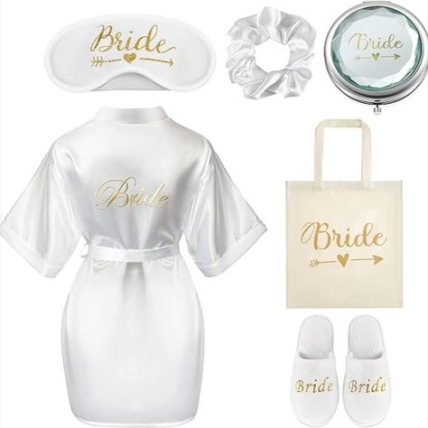 6 Pcs Bride Gifts Bride Dressing Gown Set, White Bride Robe Bride Canvas Bag Bride Slippers Sleep Eye Mask Soft Hair Scrunchie Makeup Mirror Gift Box for Wedding Day or hen party Gift Box For Wedding, Bride Dressing Gown, Bride Slippers, Hen Party Accessories, Wedding Wine Glasses, Bride Bag, Sleep Eye, Gifts Set, White Bride