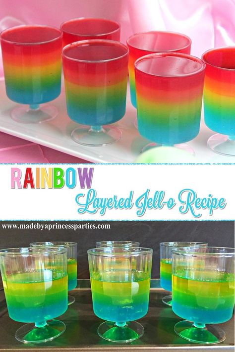 Unicorn Party Rainbow Jello Recipe you can totally do! #rainbowparty #trollsparty #unicornparty #partyfood #layeredjello #jellorecipe #rainbowjello @madebyaprincess Tye Dye Party Food, Rainbow Jello Recipe, Tie Dye Birthday Party, Rainbow Jello, Jello Recipe, Unicorn Party Food, Jello Dessert, Tie Dye Birthday, Rainbow Party Decorations