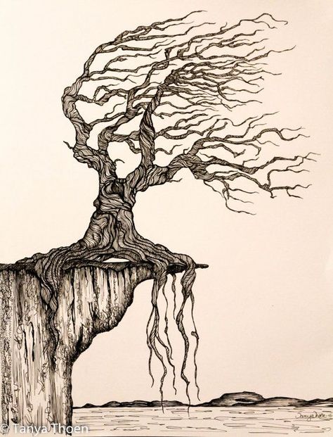 Ink Drawing, "Aged to Perfection", wind blown tree poised on a cliff Drawing Of A Tree, Wind Drawing, Image Zen, Tree Drawings Pencil, Seni 2d, Tree Sketches, Aged To Perfection, Tree Drawing, Landscape Drawings