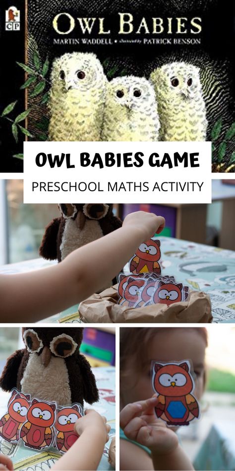 Book themed maths activity for preschoolers to learn 2D Shapes.  Inspired by Owl Babies this is a cute game to play with your preschoolers at home or in your setting.  #preschoolmaths #eyfsmaths #rainydaymum Owls Preschool Activities, Owl Math Activities For Preschool, Owl Activities For Toddlers, Owl Babies Activities, Owl Babies Eyfs Activities, Owl Activities For Preschool, 2s Activities, Owl Babies Book, Owls Kindergarten