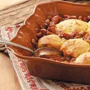 Beans and Franks Bake Recipe | Taste of Home Beans And Franks, Refrigerator Biscuits, Hot Dog Casserole, Baked Bean Casserole, Bake Beans, Bread Casserole, Jiffy Cornbread Recipes, Beans And Cornbread, Polish Sausage