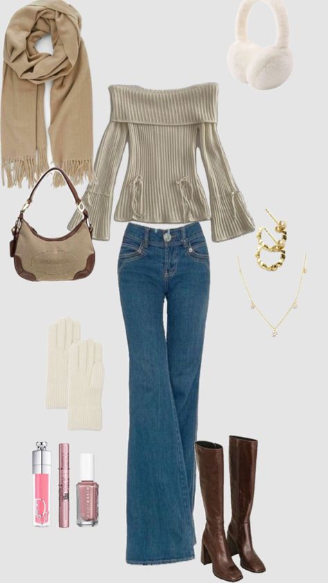 Winter outfit, off shoulder, long sleeve, straight leg jeans, bootcut jeans, white gloves, beige scarf, sky high mascara, dior lipgloss, nailpolish, that girk Winter Outfit Cute, Cute Winter Outfit, Outfit Cute, Cute Winter Outfits, Swaggy Outfits, Cute Everyday Outfits, Girly Outfits, Lookbook Outfits, Teen Fashion Outfits