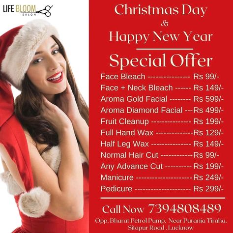 Life Bloom Salon presence Christmas & Happy New Year Special Offers 🙆 If you want to book, Please Contact me 👇 Contact for Booking : 📳7394808489 ------ #lifebloomsalon #merrychristmas #christmasdecor #winter #christmastime #happynewyear #newyear #love #happy #christmas #hair #newyearseve #newyears #like #merrychristmas #party #christmashaircuts #makeup #hairspa #cleanup #beautylove #beautycare #skincare #instagood #purania #aliganj #lucknow #neha #salon Beauty Parlour Offer Poster, Parlour Makeup, Face Bleach, Beauty Parlour Makeup, Henna Design Tutorial, Christmas Salon, Create Poster, Bridal Henna Design, Offer Poster