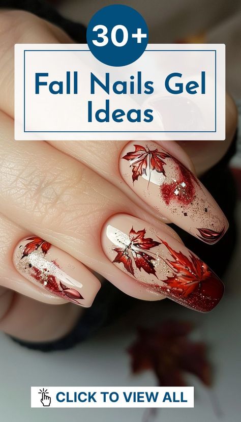 Combining a burgundy base with white leaf designs, this manicure is perfect for fall. The contrast between the deep red and crisp white creates an elegant, seasonal look that’s both bold and stylish. The leaf motifs add a touch of nature-inspired charm to this chic autumn nail art. Fall Clear Nail Designs, Fall Hard Gel Nails, Natural Autumn Nails, Fall Season Nails Gel, November Nails Fall Gel, Red Fall Nail Designs, Fall Gel Nails Designs, Fall Abstract Nails, Cute Gel Nails For Fall