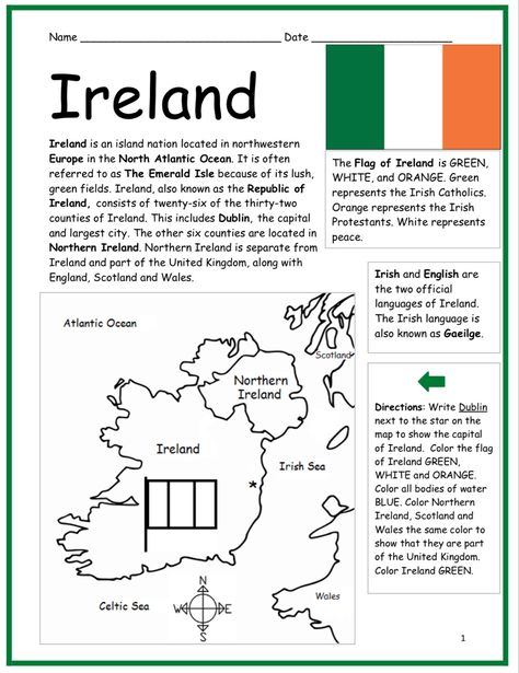 Worksheet with a simple map of Ireland. Ireland Worksheets Free Printable, Traveling Suitcase, Counties Of Ireland, Basic Geography, Geography Worksheets, Irish Catholic, Map Activities, Esl Resources, Reading Comprehension Questions