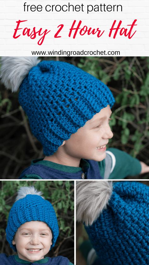 Crochet this quick and easy beanie with a free crochet pattern by Winding Road Crochet. It just takes one skein of yarn to make this 2 hour crochet beanie.  #crochethat #crochetbeanie Winding Road Crochet, Crochet Hats For Boys, Crochet Beanie Pattern Free, Easy Crochet Hat, Crochet Kids Hats, Crochet Toddler, Crochet Hat Free, Baby Hat Patterns, Crochet Knit Hat