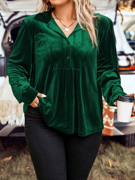 Green Casual Collar Long Sleeve Fabric Plain Top Embellished Slight Stretch  Women Plus Clothing Velvet Clothing, Velvet Top Long Sleeve, Velvet Shirt, Velvet Top, Plain Tops, Crop Top Outfits, Asymmetrical Tops, Velvet Tops, Plus Size Blouses