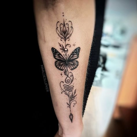 Tattoo uploaded by Marloes Lupker • Cute unalome arrow butterfly piece #unalome #unalometattoo #cutetattoos #butterfly #arrowtattoo #arrows #blackandgrey #girly #elegant #cute #curly #feminine #fineline • 1003849 • Tattoodo Arrow Tattoos For Women, Strange Days, Sagittarius Tattoo, Cool Wrist Tattoos, Unalome Tattoo, Butterfly Tattoos For Women, Spine Tattoos For Women, Arrow Tattoo, Arrow Tattoos