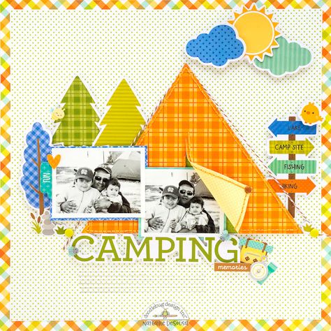 Doodlebug Design Inc Blog: GREAT OUTDOORS CAMPING LAYOUT | with Nathalie Camping Layout, Camping Scrapbook Layouts, Camp Memories, Camping Scrapbook, Halloween Layout, Summer Scrapbook, Family Scrapbook, Doodlebug Design, Scrapbook Sketches