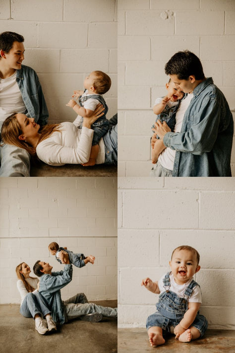 denim family session studio session overalls baby family mini photoshoot Family Overall Photoshoot, White And Jean Family Photoshoot, Family Photoshoot Outfits Studio, Overall Family Pictures, Baby Overalls Photoshoot, Studio Family Photoshoot Outfits, Family Photoshoot Denim, White Backdrop Family Photos, White Shirt And Jeans Outfit Photoshoot Family