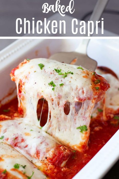 This recipe for Chicken Capri is a one dish meal and is easy and delicious. Baked chicken breasts topped with melted Provolone and ricotta cheese, mixed with oregano and tomatoes. The perfect Italian meal that will be on your table in 30 minutes! #bakedchicken #onepandinner #italian | recipesworthrepeating.com Chicken Ricotta Cheese Recipes, Chicken Capri, Chicken Caprese Recipe, Caprese Recipe, Baked Chicken Breasts, Chicken Caprese, Recipe For Chicken, Caprese Chicken, Baked Chicken Breast