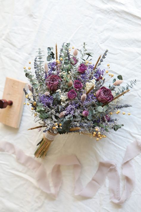 Purple Roses Wedding, Roses Wedding Bouquet, Lavender Wedding Bouquet, Lavender Bridal Bouquet, Dried Roses, Lavender Eucalyptus, Flower Girl Bouquet, Purple Wedding Bouquets, Lavender Bouquet