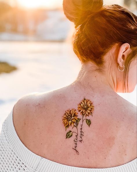 Sunflower, tattoo Sunflower With Names Tattoo, Sunflower Tattoos With Names, Tattoo Ideas For My Sons Name, Tattoo With Childs Name, Tattoo Ideas For Childs Name, Tattoo Ideas For Your Kids Names, Sunflower Tattoo With Kids Names, Sunflower With Name Tattoo, Childrens Names Tattoo Ideas