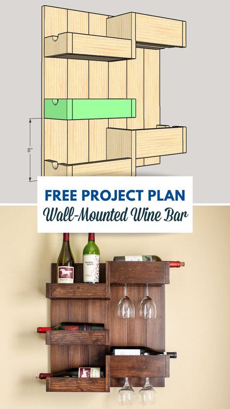 This classy wine bar mounts to the wall, creating a stylish, space-saving solution where you can store your wine bottles and glassware. It can also serve as an attractive display option for liquor and other bar accessories. Free printable plan with how-to steps, tools & materials list, cut list & diagram. Save Now. Build Later! Discover hundreds more DIY ideas + how-to videos at buildsomething.com! #wine #bar #diyproject #woodworking #diygift #diydecor #homedecor Diy Wine Accessories, Diy Wine Rack Wall, Diy Wine Rack Plans, Diy Wooden Bar, Wine Storage Diy, Wine Rack Projects, Wine Rack Plans, Diy Dining Room, Project Plan