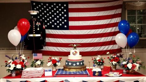 Celebrate your Marine’s achievements with a patriotic flair! 🇺🇸✨ Get inspired by star-spangled decor ideas perfect for a Marine graduation party. 🎉🎖️ #MarinePride #PatrioticParty #GraduationDecor #DIYPartyIdeas Patriotic Graduation Party, Inauguration Party Ideas, Pilot Graduation Party Ideas, Inauguration Decoration Ideas, Army Retirement Party Ideas, Inauguration Party, Marine Graduation, Army Retirement, Patriotic Bunting