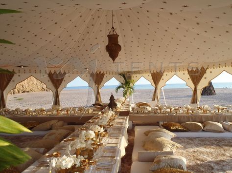 Cream Interior Gold Stars Sahara Wedding, Marrakesh Wedding, Moroccan Tent, Arabian Tent, Outdoor Dance Floors, Arabian Nights Party, Cream Interior, Large Tent, Tent Design