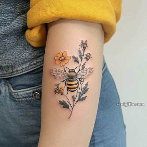 Butterfly And Bee Tattoo, Wildflower Shoulder Tattoo, Bee And Flower Tattoo, Insect Tattoos, Underarm Tattoo, Bee Tattoos, Honey Bee Tattoo, Honeycomb Tattoo, Bumble Bee Tattoo