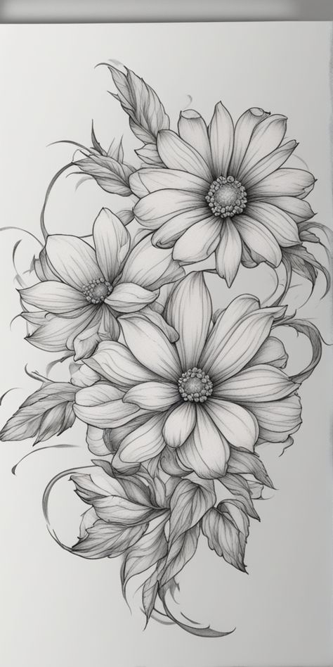 Tooled Tattoo Design, Tattoos With Sunflowers, Delicate Sunflower Tattoo, Rose And Sunflower Tattoo, Sunflower And Rose Tattoo, Flower Drawing Sketch, Floral Back Tattoos, Pretty Flower Tattoos, Matching Friend Tattoos