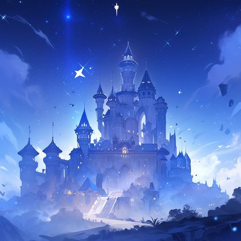 "Amidst a slightly eerie ambiance, a white castle stands tall against the backdrop of a dark blue sky adorned with sparkling stars, a realm of enchantment and mystery." Star Castle Aesthetic, Celestial Castle, Blue Sky With Stars, Castle Dark, Castle Wedding Cake, Blue Castle, Castle Exterior, Fairy Tale Castle, Sky With Stars