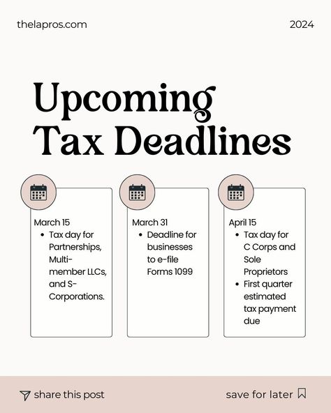 ⏰ Just a friendly reminder about upcoming tax deadlines! Here are a few key dates to mark on your calendar. Follow us for the latest updates, tips, and insights on all things business finances! #taxtip #ceo #VirtualBookkeeping #RemoteBookkeeper #BookkeepingPro #Bookkeeper #BookkeepingTips #Accounting #Bookkeeping #CloudBookkeeping #BusinessOwner #EntrepreneurLife #Entrepreneurship #SmallBiz #TaxTime #TaxTips #TaxHelp #kansascitybookkeeper #sanantoniobookkeeper #lasvegasbookkeeper #miamib... Accounting Bookkeeping, Business Taxes, Business Tax Deductions, Tax Deadline, Tax Help, Interior Studio, Bookkeeping Business, Tax Time, Small Business Plan