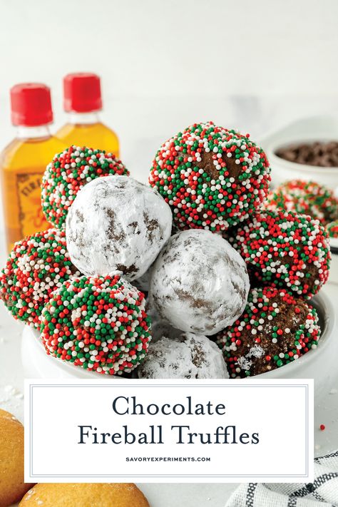 These Fireball Chocolate Truffles are incredibly rich, slightly boozy, and perfect for a party or cozy night in. Great for gifting too! Fireball Cookie Recipes, Fireball Fudge Recipe, Fireball Truffles, Fireball Whiskey Balls, Alcohol Truffles, Whisky Truffles, Fireball Fudge, Holiday Truffles, Chocolate Truffles Recipe