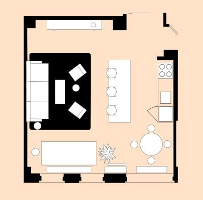 4 Living Room Layout For a Small Open-Plan Space Open Living Room Furniture, Corner Fireplace Furniture Arrangement, Open Concept Kitchen Living Room Layout, Open Plan Kitchen Living, Home Kitchen Ideas, Open Concept Kitchen Living Room, Furniture Placement Living Room, Small Bedroom Layout, Open Plan Kitchen Dining Living