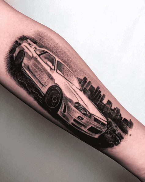 Car Idea Tattoos, Car Themed Tattoos, Car Related Tattoos For Men, Car Guy Tattoos, Car Enthusiast Tattoo, Car Tattoos For Guys, Fast And Furious Tattoo, Car Lover Tattoo, Car Tattoo Ideas