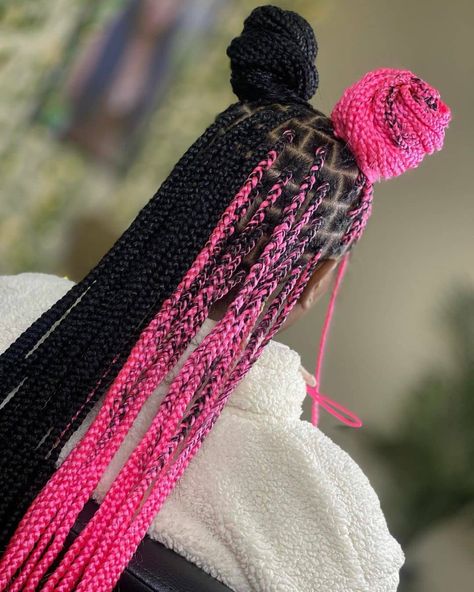 Pink And Black Box Braids, Pink Knotless Braids, Box Braids For Black Women, Pink Box Braids, Small Knotless, Black Box Braids, Pink And Black Hair, Colored Box Braids, Cute Box Braids