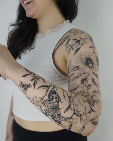 Full Sleeves Design Tattoo, Floral Garden Tattoo Sleeve, Arm Garden Tattoo, Secret Garden Tattoo Sleeve, Cohesive Tattoo Sleeve, Floral Animal Sleeve Tattoo, Garden Theme Sleeve Tattoo, Unique Flower Sleeve Tattoo, Pnw Tattoo Sleeve