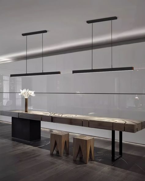 Experience the perfect balance of nature and modernity with this designer Black Linear Pendant Lamp. Constructed of cool metal and warm wood, it features an LED light source for a bright, energy-efficient glow. Crafted with years of woodworking expertise, this statement-worth piece adds flair to any modern space. Nordic Dining Table, Nordic Dining Room, Bar Chandelier, Office Light, Nordic Dining, Nordic Lamp, Dining Chandelier, Linear Pendant Light, Contemporary Dining