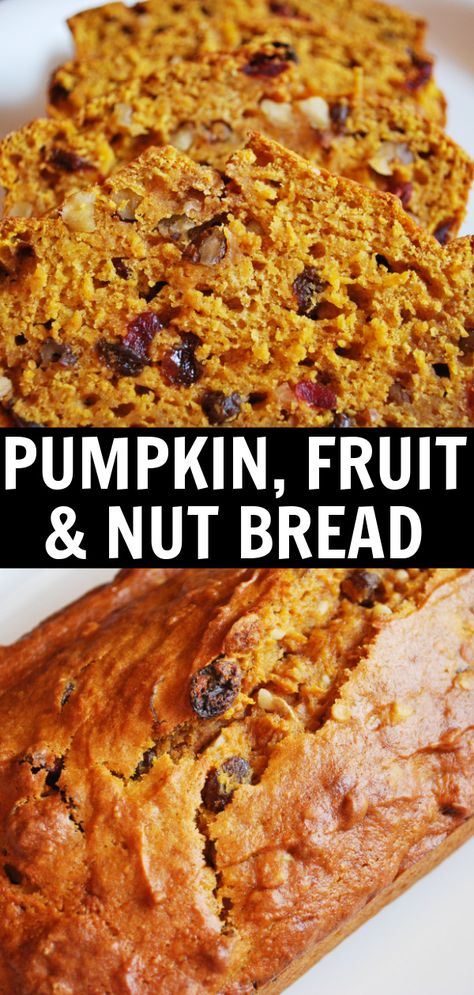 Pumpkin, Fruit, and Nut Bread is classic pumpkin bread filled with chopped nuts and dried fruits! Pumpkin Banana Nut Bread Recipe, Pumpkin Raisin Nut Bread, Pumpkin Bread With Nuts Recipe, Pumpkin Date Bread, Pumpkin Bread With Raisins And Pecans, Pumpkin Nut Bread, Date Bread, Fruit Bread, Nut Bread