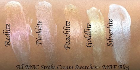 MAC Strobe Cream swatches: Redlite, Pinklite, Peachlite, Goldlite, Silverlite Mac Strobe Cream, Strobe Cream, Daily Makeup Routine, Room Door Design, How To Make Diy, Lipstick Colors, Strobing, Diy Beauty, Makeup Inspo