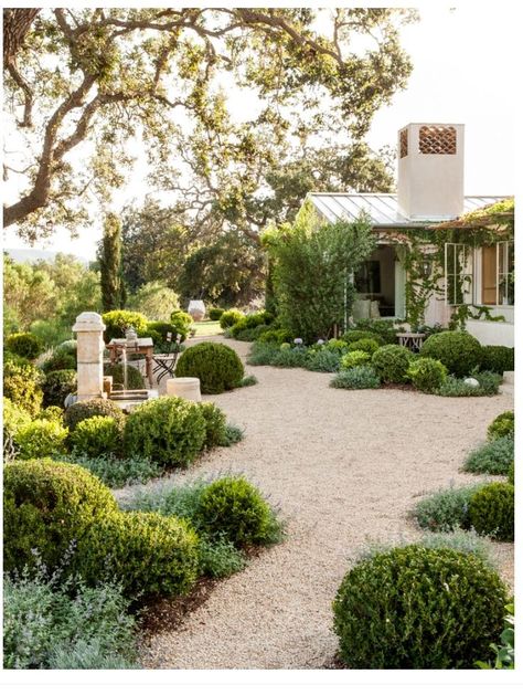 Pea gravel garden Tuscan Landscape Design, Mediterranean Garden Design, Patina Farm, Gravel Landscaping, Tuscan Landscaping, Gravel Garden, Low Maintenance Garden, Mediterranean Garden, Front Yard Garden