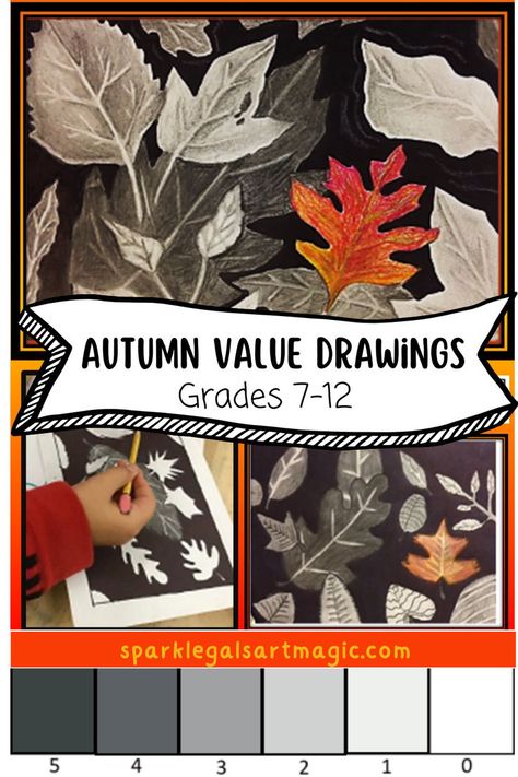 Value shaded leaf drawings Value Art Lesson Middle School, Value Lessons In Art, Teaching Value In Art, Fall Art Lessons Middle School, Middle School Thanksgiving Art Projects, Middle School Fall Art Projects, Fall Art Projects For Middle School, Value Art Projects, Shading Lesson