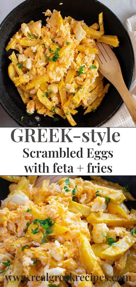 Feta Eggs Scramble, Greek Breakfast Recipes, Greek Eggs, Recipe With Feta Cheese, Cheese French Fries, Feta Omelette, Greek Breakfast, Eggs Potatoes, Greek Christmas