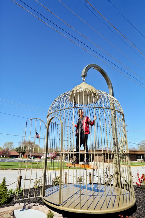 Giant Birdcage in Casey Illinois #BigThingsInASmallTown // localadventurer.com Casey Illinois, Dutch Wooden Shoes, Living On The Road, Birdcages, Travel Photography Tips, Giant Art, Roadside Attractions, Water Tower, Bird Cage