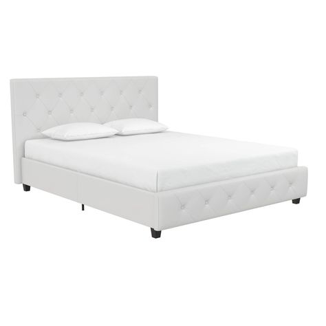 Trend alert with the Room & Joy Dalia White Faux Leather upholstered bed! With a luxurious headboard that boasts diamond button tufted detailing, this bed radiates a contemporary chic look. Upholstered in faux leather with padding for extra comfort, this bed is designed to infuse some style and comfort into your room décor. It is built with robust wooden slats for extra support and does not require a box spring. This gorgeous bed will give you the style and coziness you are looking for! Faux Leather Bed, Leather Upholstered Bed, Bedroom Ideas For Small Rooms Cozy, Gorgeous Bed, White Bed Frame, Luxury Room Bedroom, Bed Full, Queen Upholstered Bed, Cheap Bedding