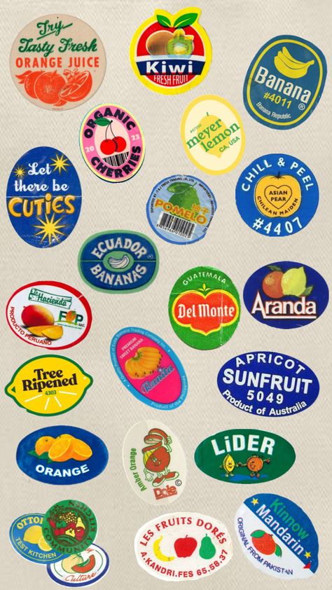 fruit stickers! Kiwi And Banana, Fruit Stickers, Fruit Labels, Artsy Background, Dorm Posters, Orange Fruit, Fruit Art, The Fruit, Cute Packaging