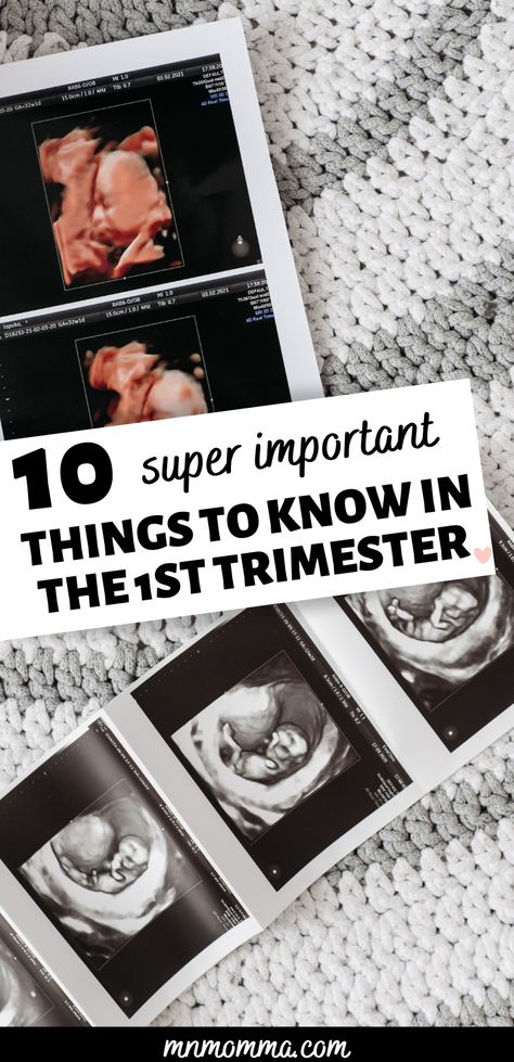 Text states "10 super important things to know in the 1st trimester". Image shows early pregnancy ultrasound images of newborn baby in the first trimester. Pregnant 1st Trimester, 3 Months Pregnant Outfits, 1st Trimester Outfits, 3rd Month Pregnancy, First Trimester Outfits, Second Trimester Outfits, Fall Pregnancy Outfits, Early Pregnancy Tips, Things To Do In First Trimester