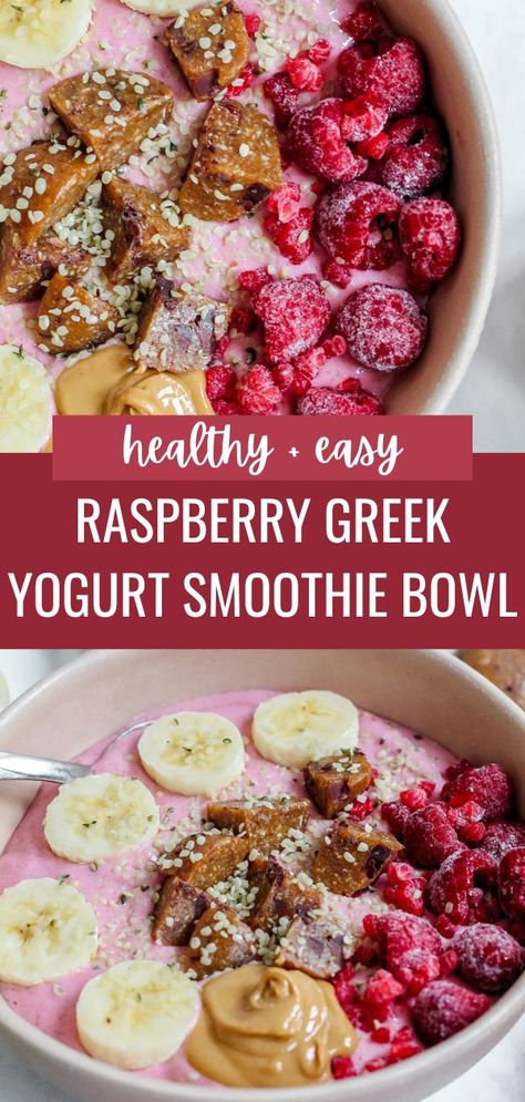 A delicious, creamy, and vibrant pink raspberry Greek yogurt smoothie bowl recipe that is rich in protein, healthy fat, and antioxidants. Raspberry Smoothie Recipe, Smoothie With Greek Yogurt And Frozen Fruit, Strawberry Smoothie Recipe With Yogurt, Raspberry Yogurt Bowl, Raspberry Protein Smoothie, Yogurt Smoothie Bowl, Berry Smoothie With Yogurt, Smoothie Bowls Recipe Easy, Raspberry Smoothie Recipes