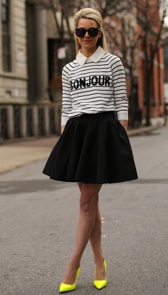 bonjour + stripes +neon Yellow Heels Outfit, Yellow Shoes Outfit, Neon Heels, Cool Outfit Ideas, Yellow Pumps, Black Skater Skirts, Atlantic Pacific, Neon Outfits, Cool Outfit