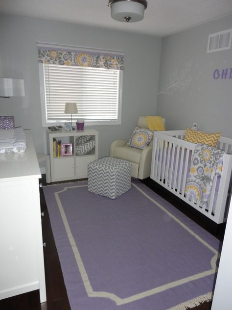 nursery Purple And Yellow Nursery Girl, Purple And Yellow Nursery, Yellow Layout, Purple Baby Rooms, Lavender Nursery Girl, Transitional Nursery, Nursery Layout, Nursery Designs, Purple Nursery