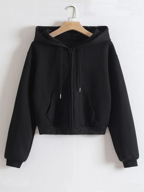 Zip Up Drawstring Thermal Lined Crop Hoodie Drop Shoulder Hoodie, Women Sweatshirts, Khaki Fashion, Crop Hoodie, Cute Jackets, Black Zip Ups, Hooded Shirt, Zip Up Hoodies, Drawstring Hoodie