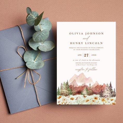 $3.03 | Terracotta Rustic Wedding Mountain Wildflower | Wedding Invitations | mountain landscape, watercolor, destination wedding, terracotta, rustic wedding invitations, wildflowers, forest earth tone sage green, fall wedding invitations, spring wedding invitations, pine tree boho casual simple Wedding Invitations Wildflowers, Terracotta Rustic Wedding, Earthy Decorations, Sage Green Fall Wedding, Green Fall Wedding, Wildflower Mountain, Wedding Invitations Spring, Wedding Terracotta, Wildflower Invitation