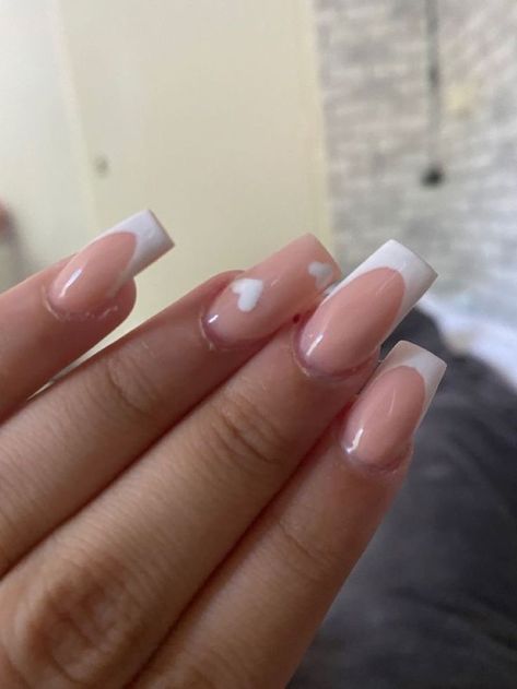 Cute French Tips Nails Acrylic, Nail Inspo Coffin Short French Tip, Nails Inspiration Mid Length, Cute Cheap Nail Ideas, Pretty Simple Nails Acrylic Square, Love Heart French Nails, Nail Inspo For Summer 2023, Short Coffin French Tip Nails Ideas, Cute French Tips Acrylics