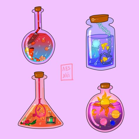 #aesthetic #aestheticart by @aes_xiii Science Bottles Drawing, Sticker Typography, Fantasy Map Making, Old Cartoon Characters, Transparent Art, Bottle Drawing, Card Stickers, Bag Illustration, Doodle Art Drawing