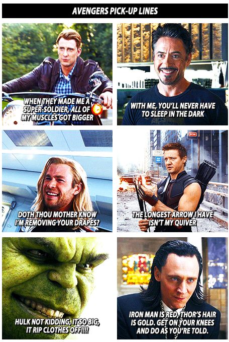 Avenger pick-up lines even though none of them need pick up lines they just need their faces Marvel Pick Up Lines, Avengers Movie, Super Soldier, Dc Memes, Dc Movies, Downey Junior, Nerd Alert, Linnet, Pick Up Lines