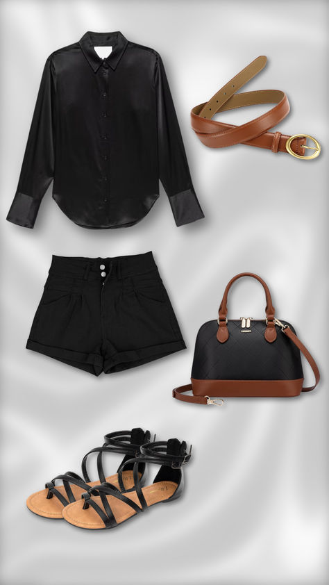 She wears a sleek and sophisticated outfit featuring a black satin blouse paired with high-waisted black shorts. A brown belt adds contrast and definition. Black strappy sandals offer comfort and style, while a black handbag with brown accents completes the look. Perfect for a chic, minimalist statement. This outfit is perfect for making a stylish statement while keeping it simple and elegant. Party Outfit Summer, Chic Garden Party, Black Satin Blouse, Garden Party Outfit, Chic Garden, Black High Waisted Shorts, Black Strappy Sandals, Keeping It Simple, Black Handbag