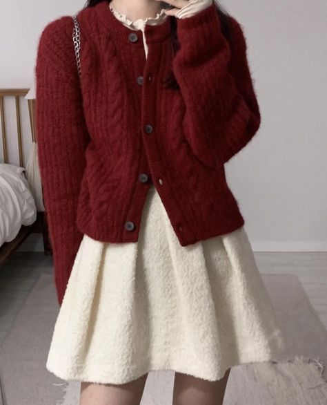 Red Cardigan Aesthetic, Cute Red Long Sleeve Cardigan, Red Retro Winter Cardigan, Pink Long Sleeve Retro Cardigan, Vintage Red Knit Cardigan, Maroon Sweater, Winter Inspo, White Skirts, Retro Outfits